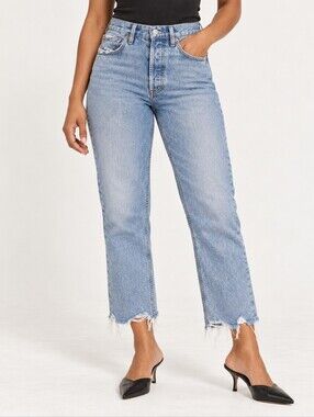 AGOLDE Riley High Rise Straight Crop Jeans 24 Light Wash Raw Hem Button Fly